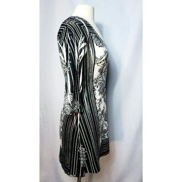 Women Black and White Long Sleeve Silk Midi Stretch Dress Medium - Picture 3 of 7